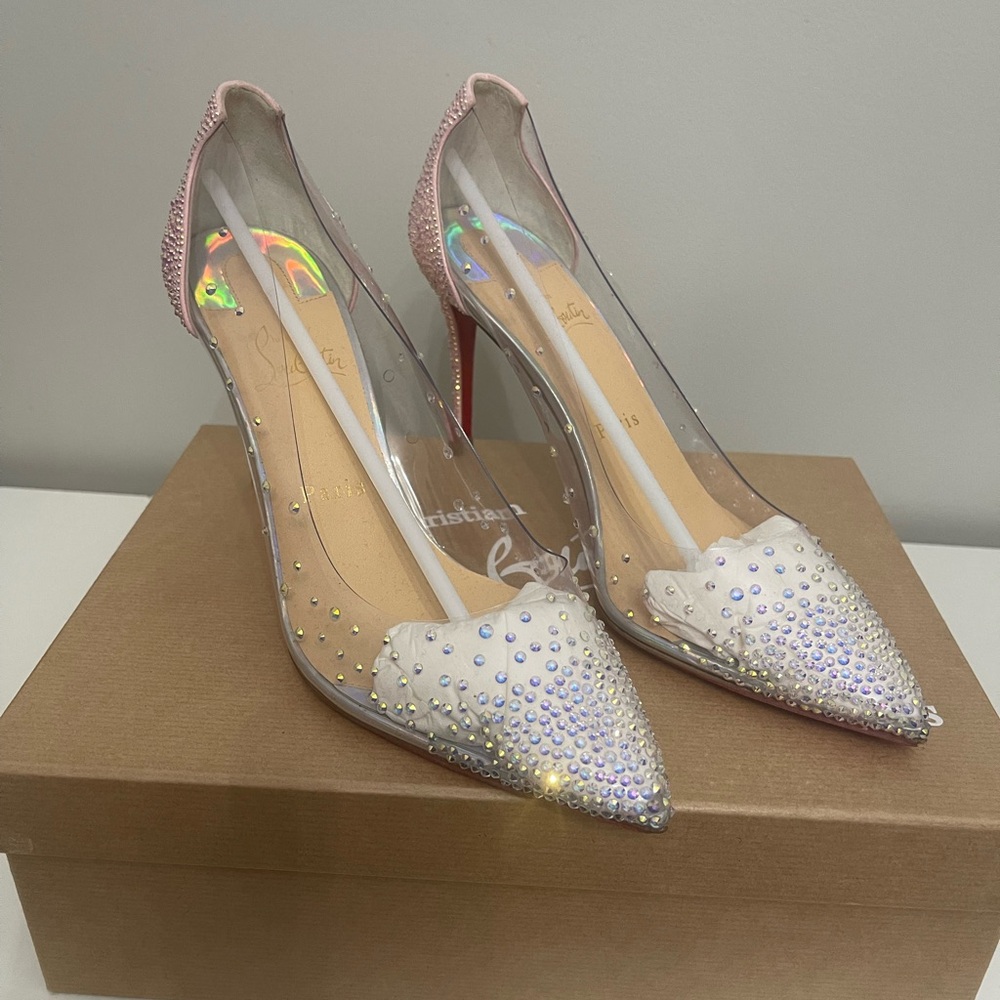 Christian Louboutin Pink and Silver Heels with Rhinestone Accents